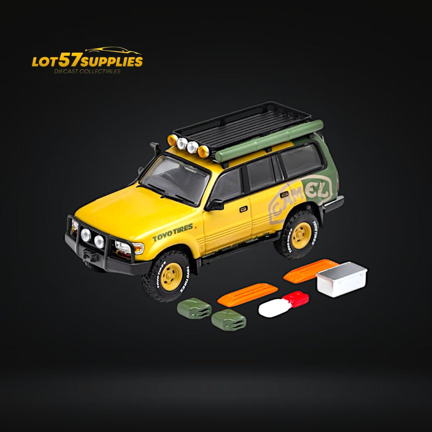 Diecast Toyota Land Cruiser LC80 Camel Cup Version with accessories, 1:64 scale model by Lot57Supplies Diecast Shop.