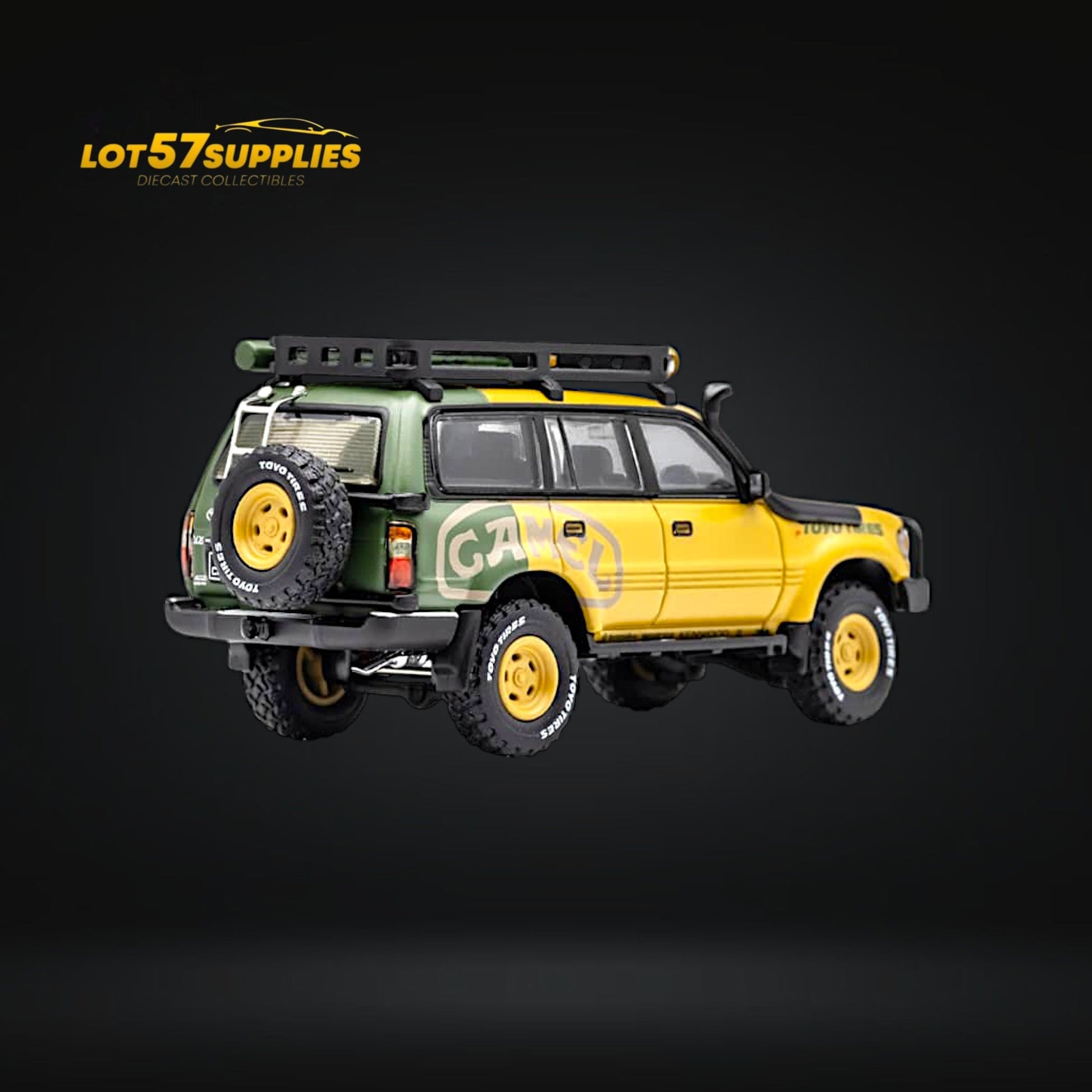 Diecast Toyota Land Cruiser LC80 Camel Cup Version 1:64 with accessories, detailed model from Lot57Supplies Diecast Shop.