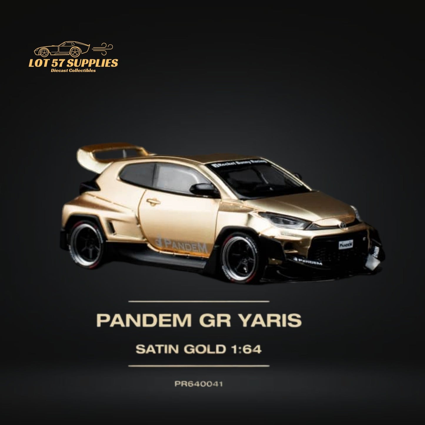 Satin gold Toyota Yaris GR diecast model car in 1:64 scale by Lot57Supplies, detailed miniature vehicle for collectors.