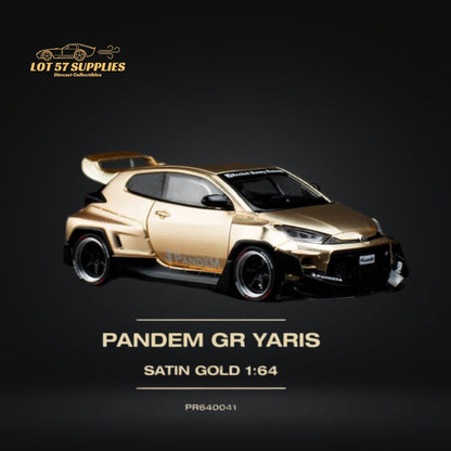 Satin gold Toyota Yaris GR diecast model car in 1:64 scale by Lot57Supplies, detailed miniature vehicle for collectors.