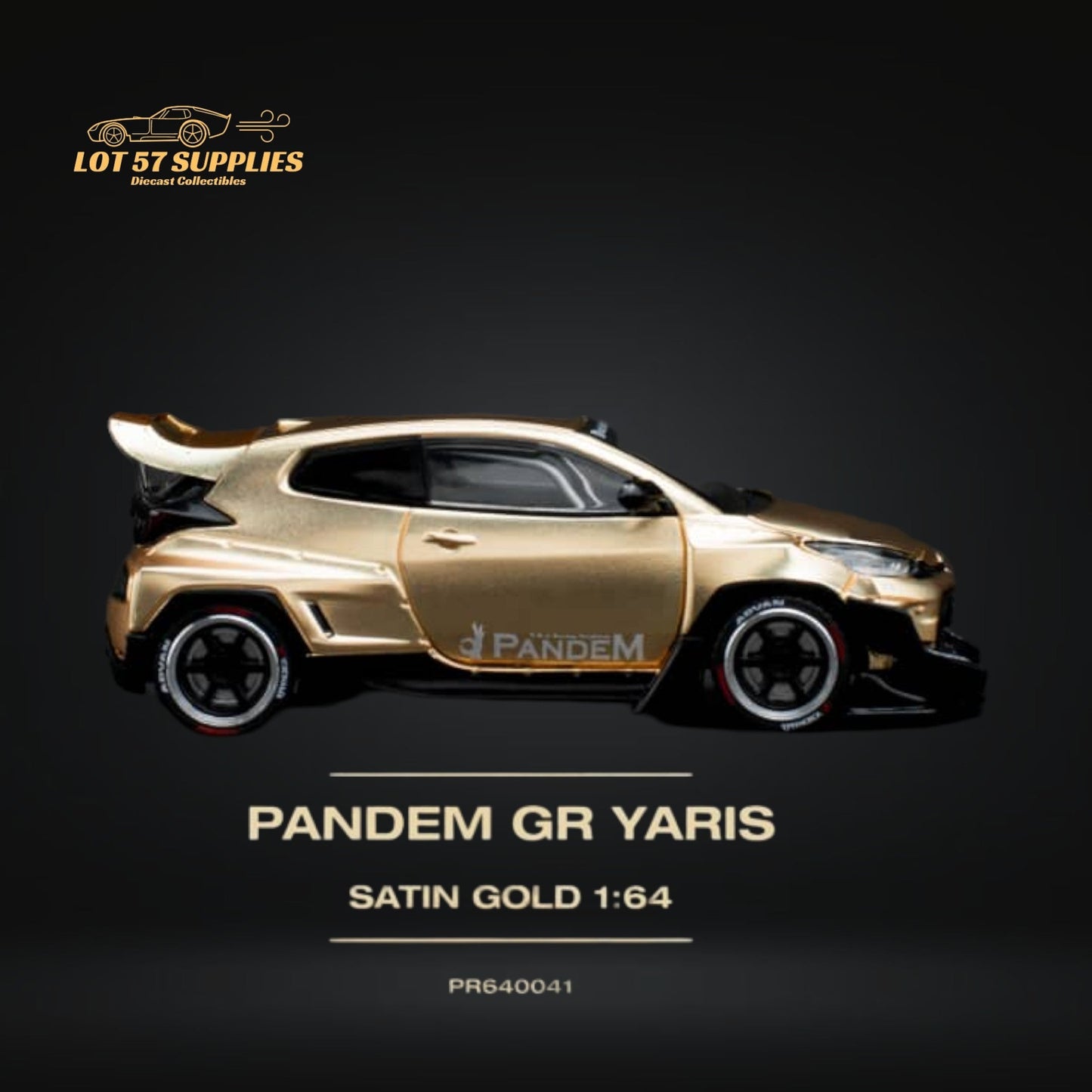 Satin gold Toyota Yaris GR diecast model car in 1:64 scale by Lot57Supplies Diecast Shop, detailed miniature vehicle image.