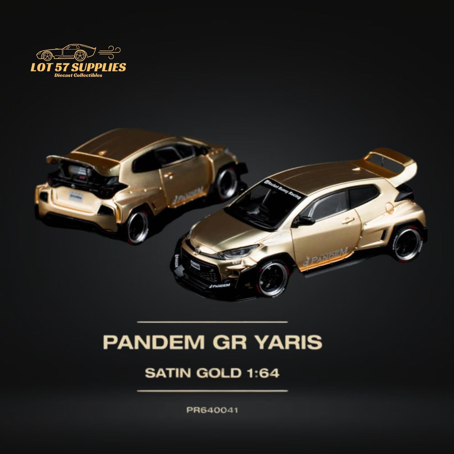 Satin gold Toyota Yaris GR diecast model car in 1:64 scale from Lot57Supplies Diecast Shop, detailed miniature vehicle.