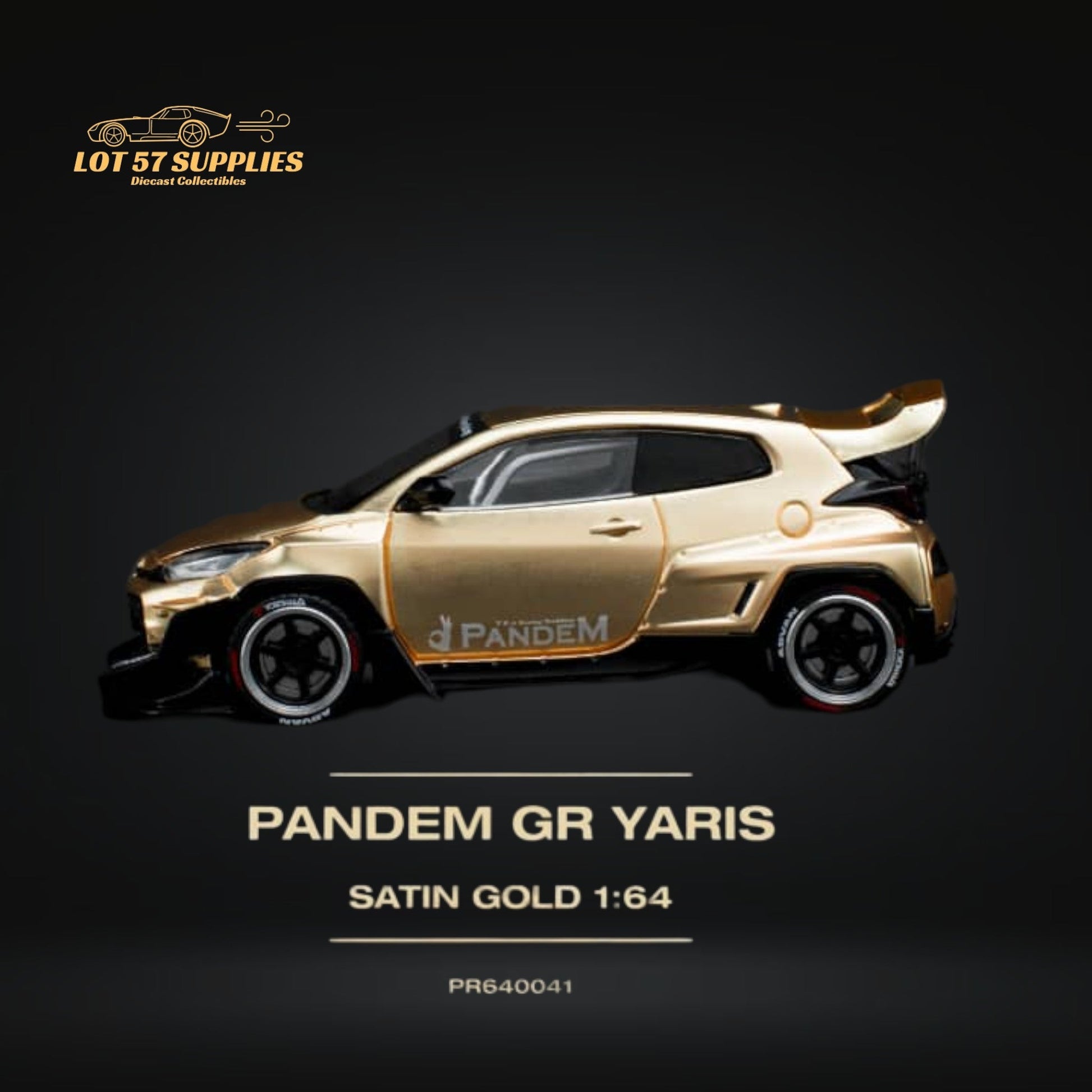 Satin gold Toyota Yaris GR diecast car in 1:64 scale, featuring detailed design and branding by Lot57Supplies Diecast Shop.