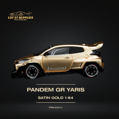 Satin gold Toyota Yaris GR diecast car in 1:64 scale, featuring detailed design and branding by Lot57Supplies Diecast Shop.
