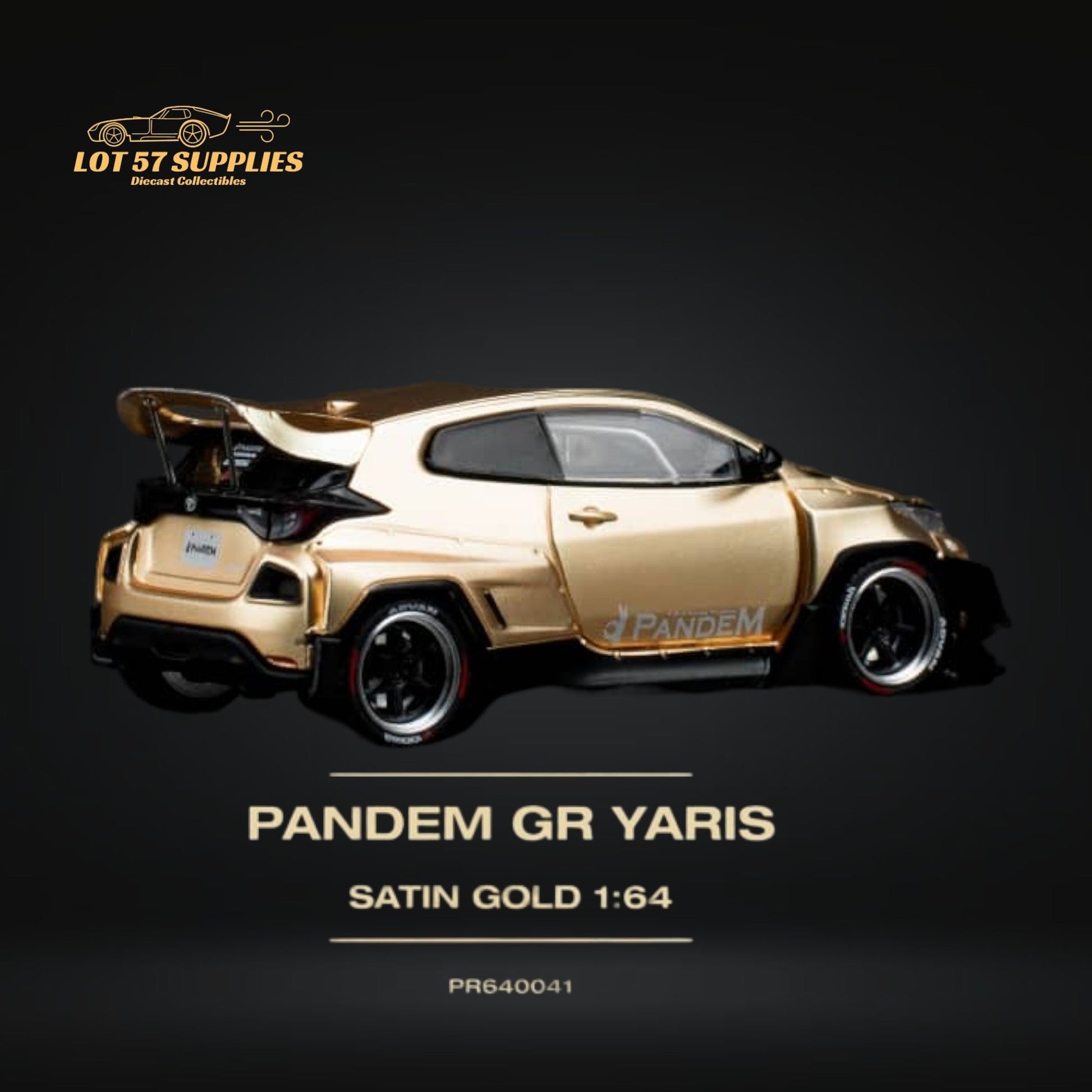 Satin gold 1:64 scale Toyota Yaris GR diecast model by Lot57Supplies, detailed with realistic features and branding.