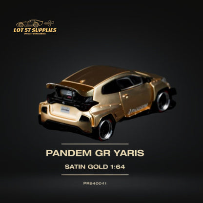 Satin gold Toyota Yaris GR diecast model car in 1:64 scale from Lot57Supplies Diecast Shop, detailed and collectible.