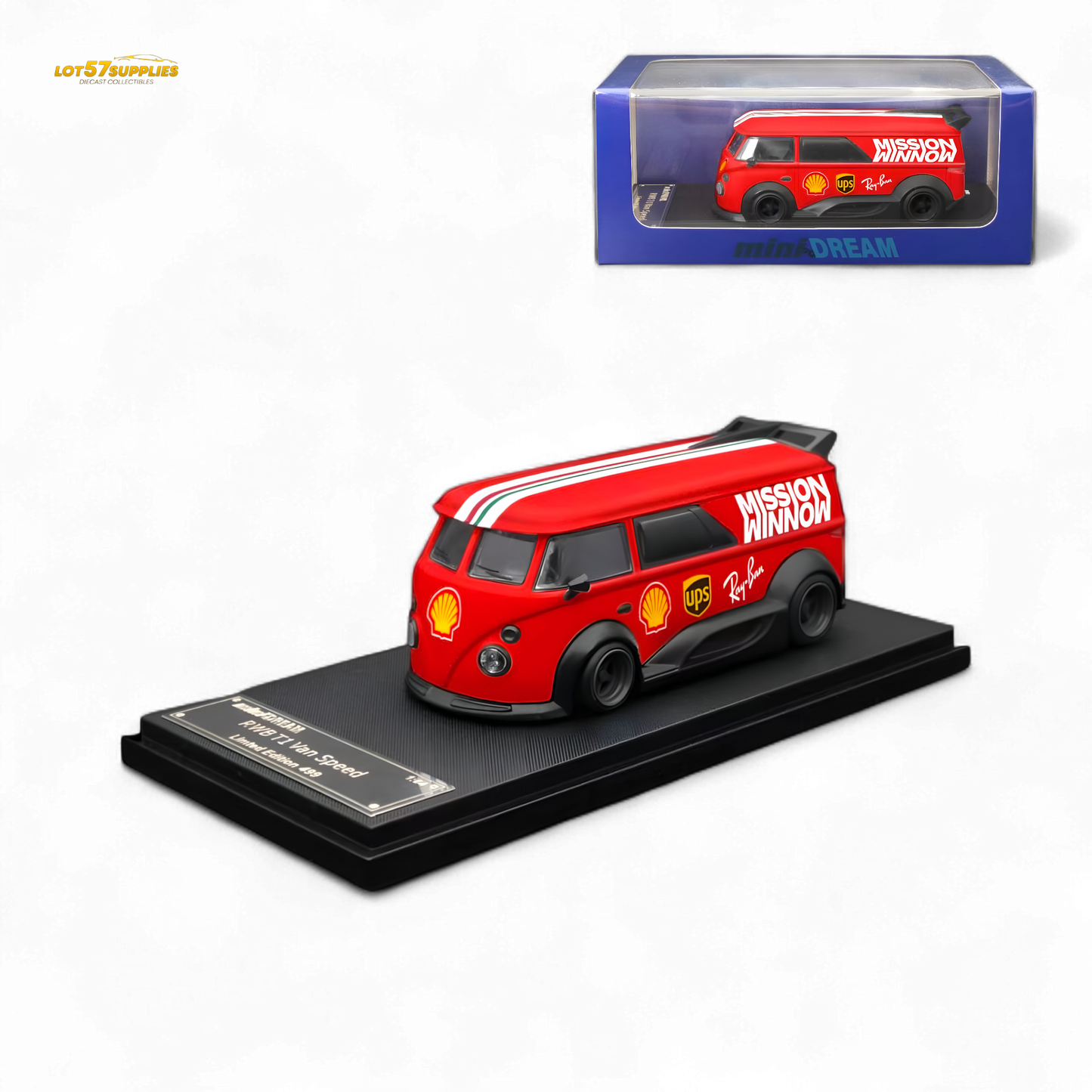 Red Mini Dream Volkswagen T1 RWB Van diecast model in 1:64 scale with WM livery, detailed collectible by Lot57Supplies Diecast Shop.