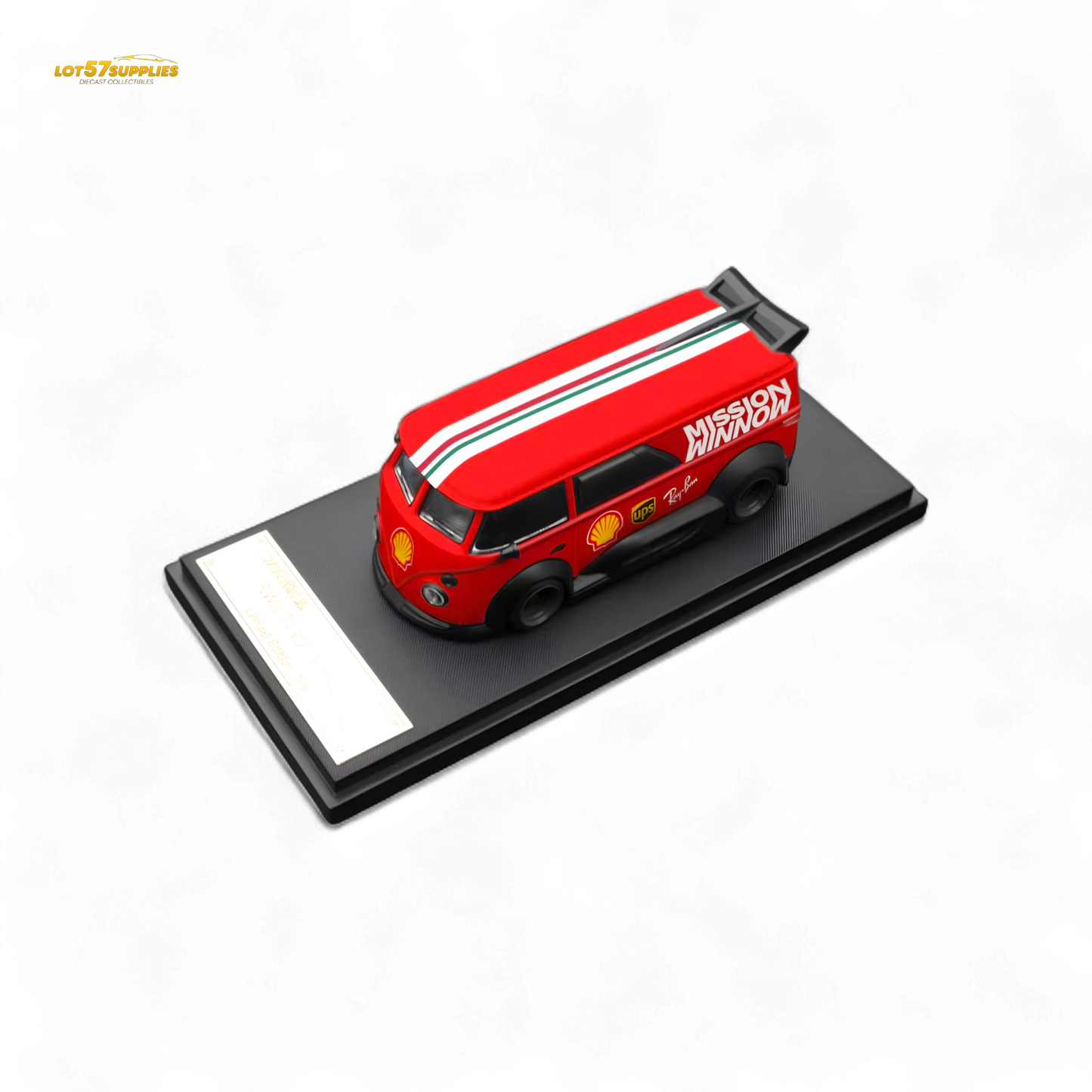 Red Mini Dream Volkswagen T1 RWB Van diecast model in 1:64 scale with WM livery, featuring detailed Volkswagen branding.