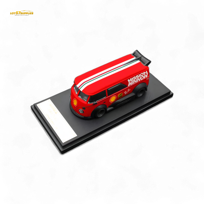 Red Mini Dream Volkswagen T1 RWB Van diecast model in 1:64 scale with WM livery, featuring detailed Volkswagen branding.