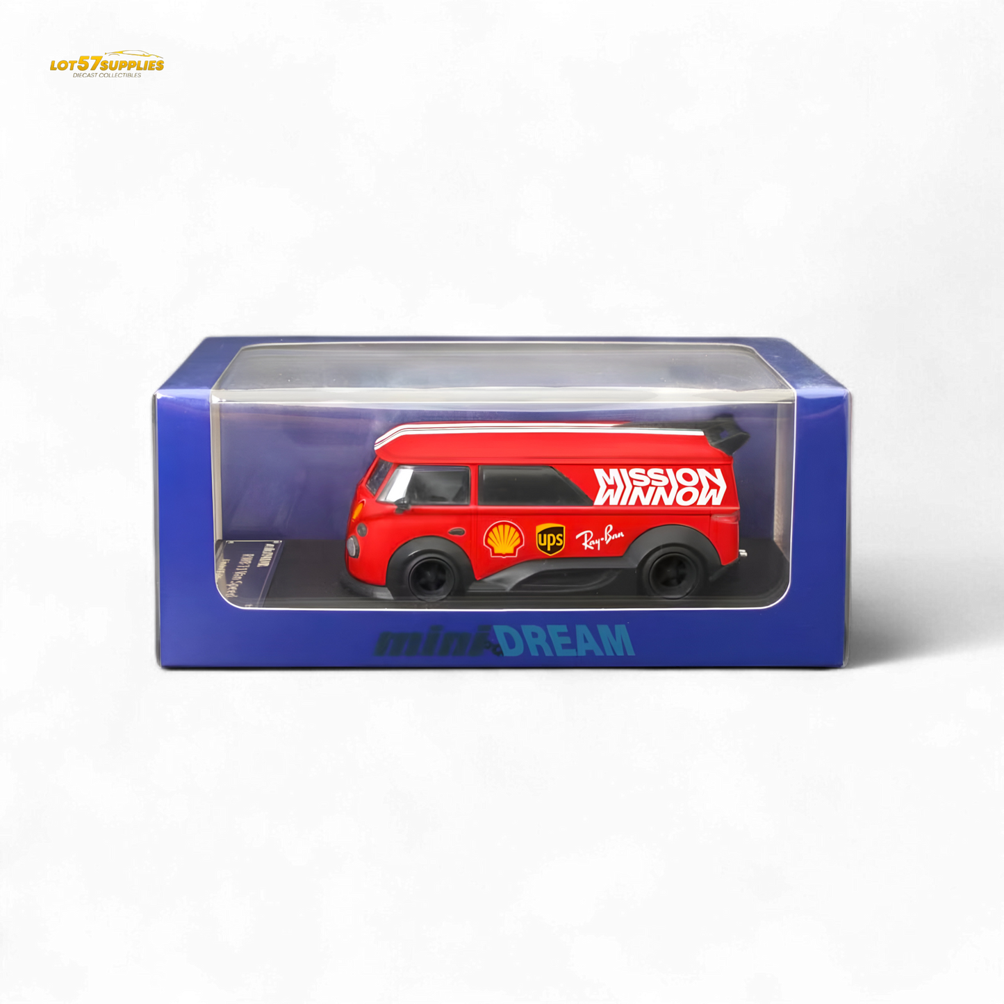 Mini Dream Volkswagen T1 RWB Van diecast model in red with WM livery, 1:64 scale, displayed on a plain background.