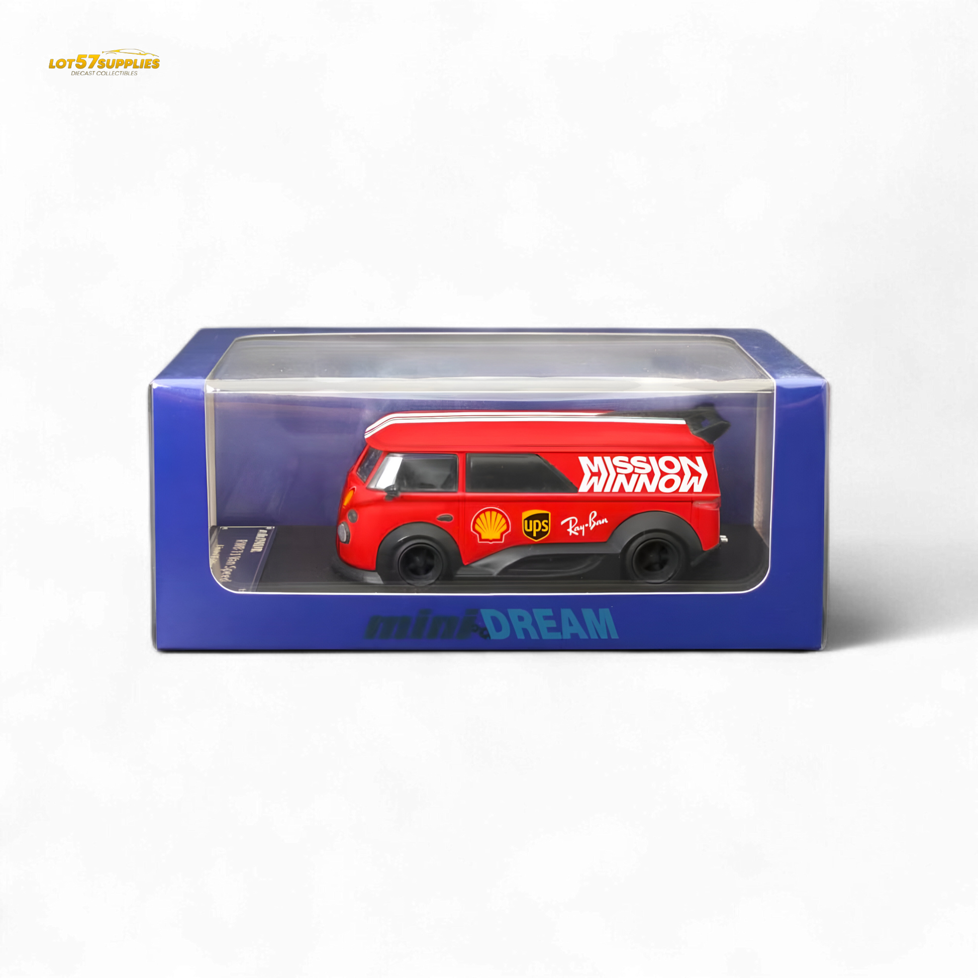 Mini Dream Volkswagen T1 RWB Van diecast model in red with WM livery, 1:64 scale, displayed on a plain background.