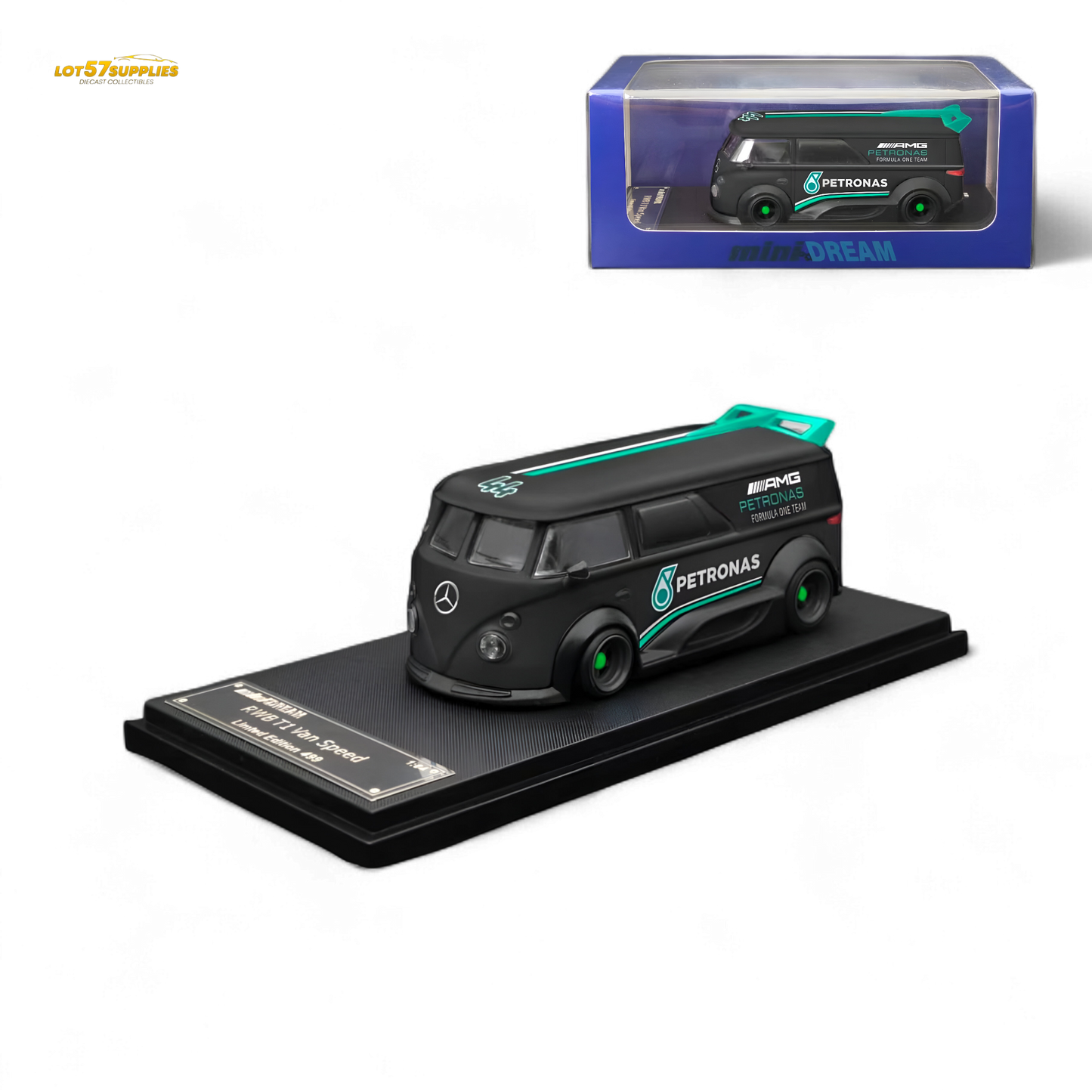 Mini Dream Volkswagen T1 RWB Van #44 diecast model with Petronas livery, 1:64 scale, detailed miniature collectible vehicle.