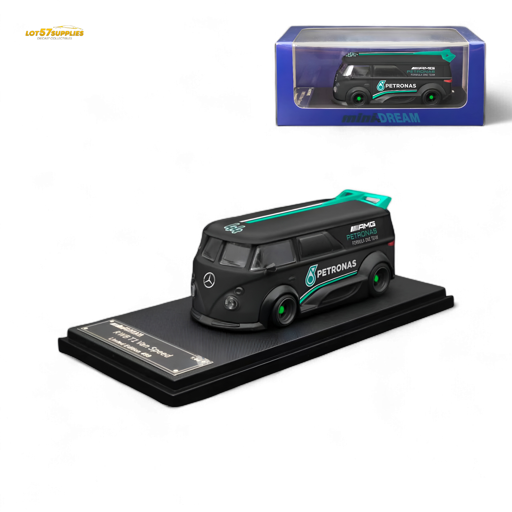 Mini Dream Volkswagen T1 RWB Van #44 diecast model with Petronas livery, 1:64 scale, detailed miniature collectible vehicle.