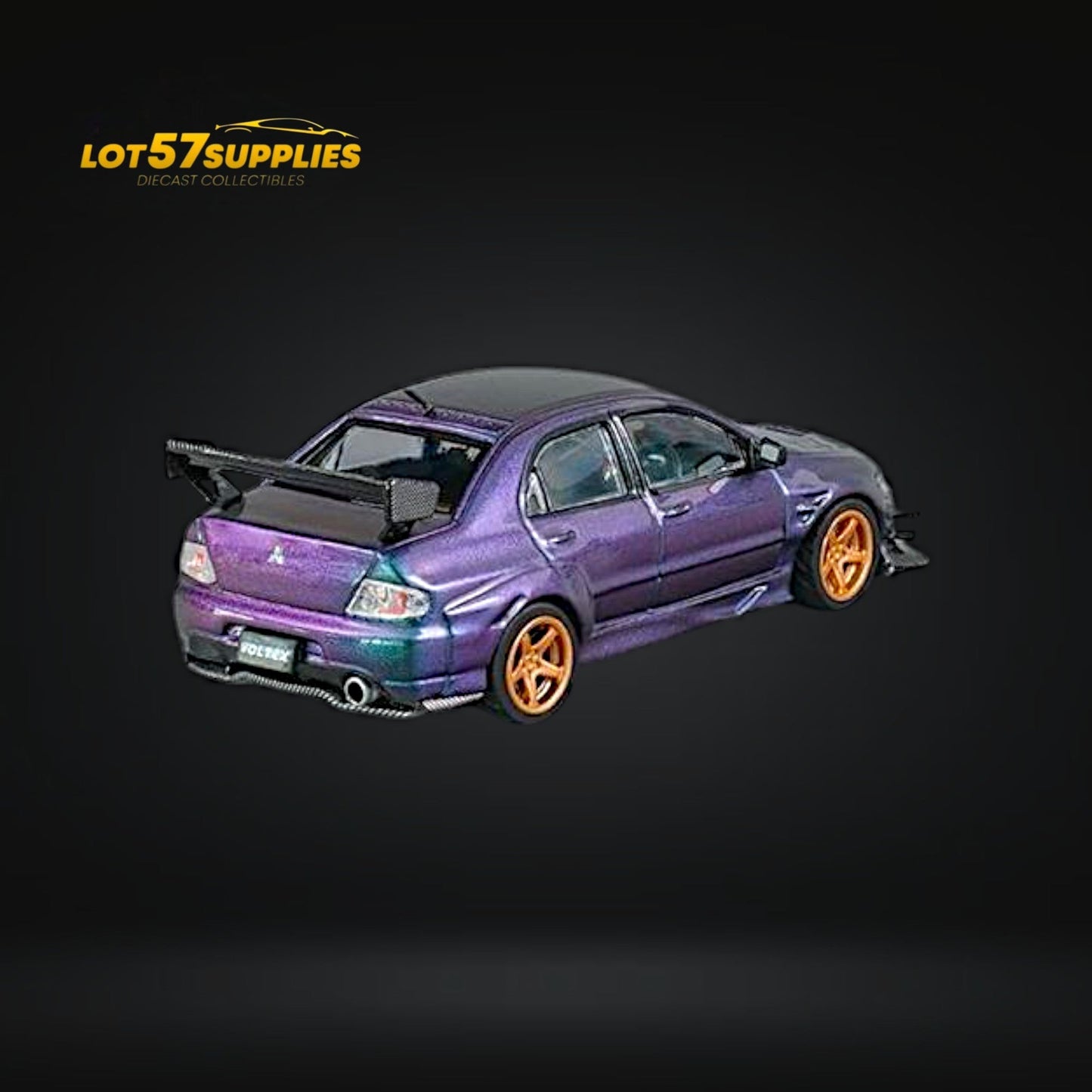 Detailed 1:64 scale Mitsubishi Lancer Evolution IX Widebody diecast model by Lot57Supplies in black with racing decals.