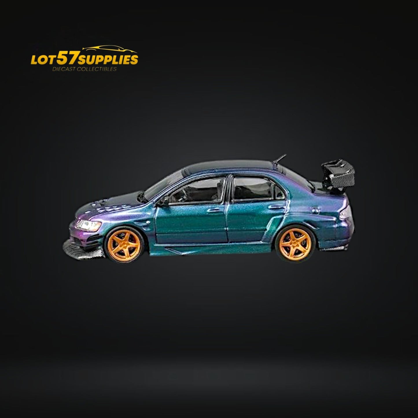 Diecast 1:64 Mitsubishi Lancer Evolution IX widebody model in red from Lot57Supplies Diecast Shop, detailed miniature car.