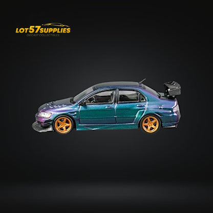 Diecast 1:64 Mitsubishi Lancer Evolution IX widebody model in red from Lot57Supplies Diecast Shop, detailed miniature car.