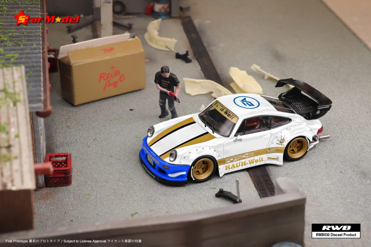 White Porsche 930 GT Wing diecast model in RWB style, detailed 1:64 scale with NFS white livery from Lot57Supplies.