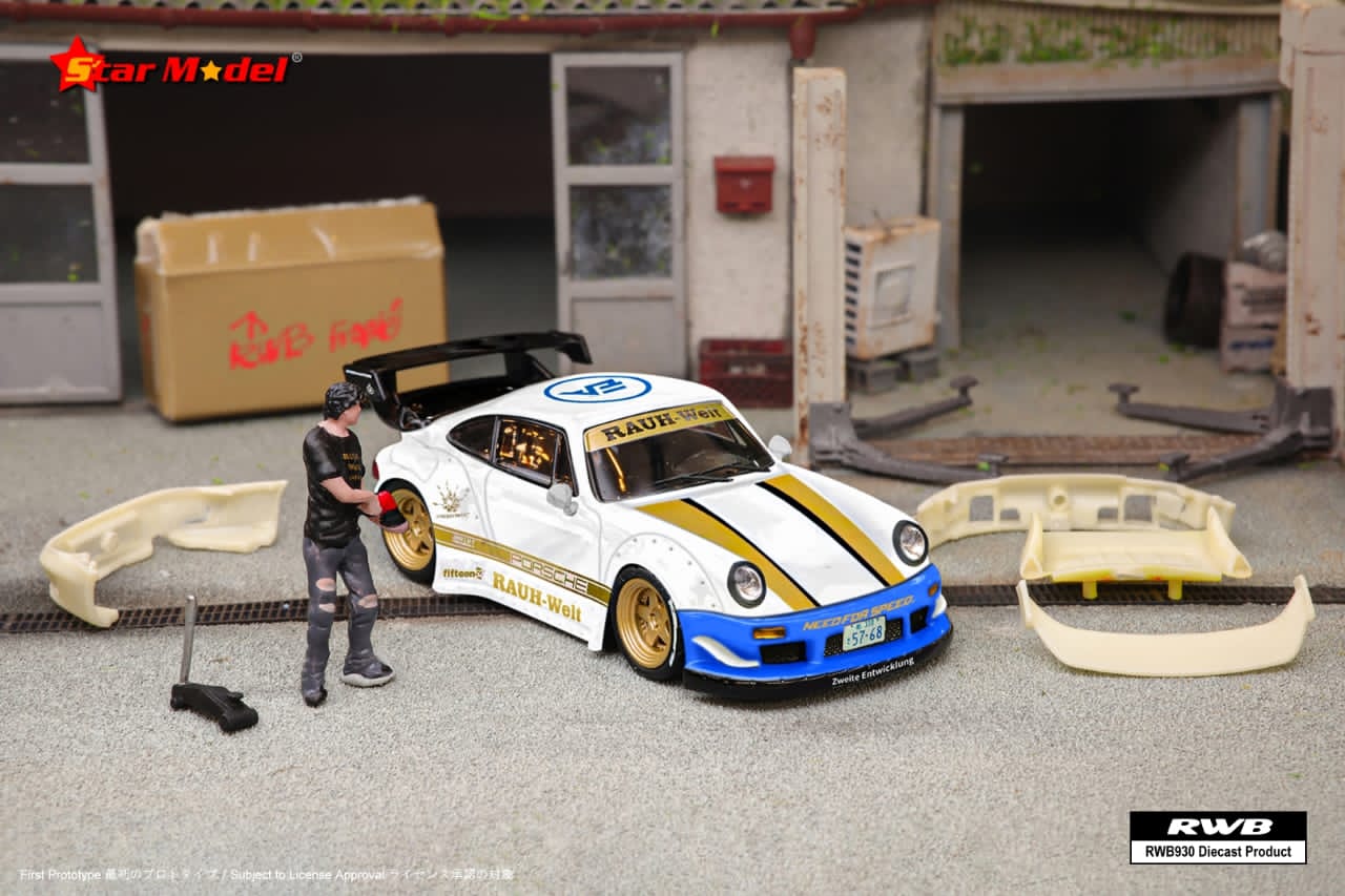 White Porsche RWB 930 GT wing diecast model in 1:64 scale, featuring NFS livery and detailed Porsche design.