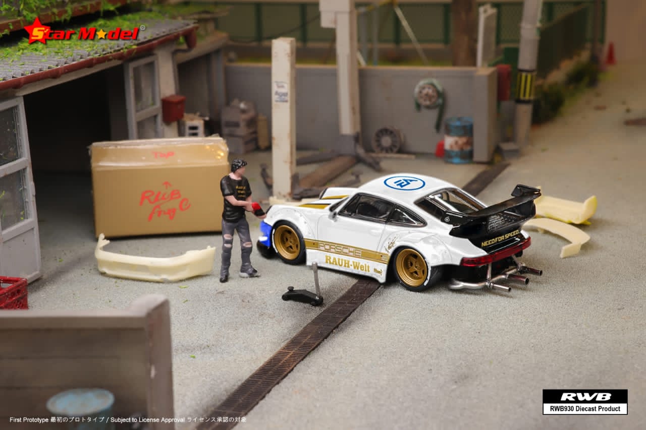 White Porsche RWB 930 GT wing diecast model in 1:64 scale with NFS livery, detailed Lot57Supplies Porsche model car image