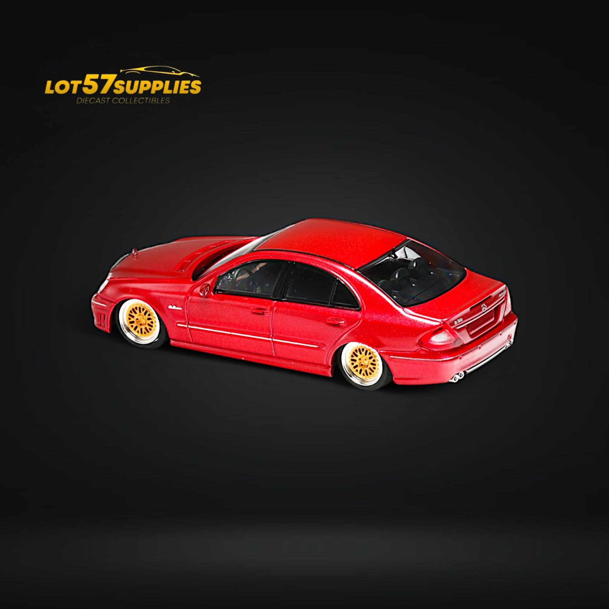 Red Mercedes-Benz E63 AMG W211 diecast model car, lowered scale replica in 1:64 size from Lot57Supplies Diecast Shop.