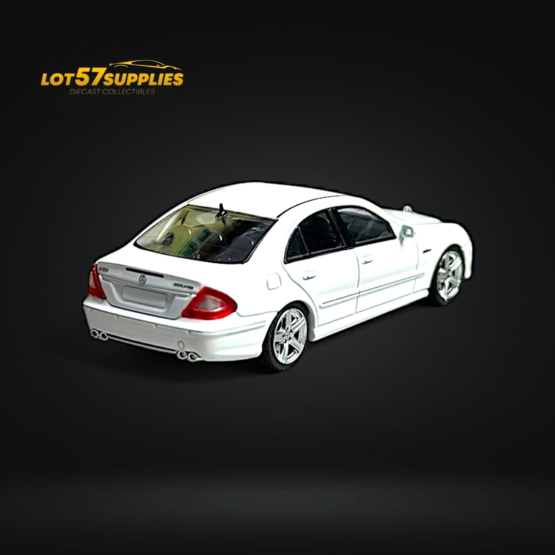 White Mercedes-Benz E63 AMG W211 diecast model in 1:64 scale, detailed replica from Lot57Supplies Diecast Shop.