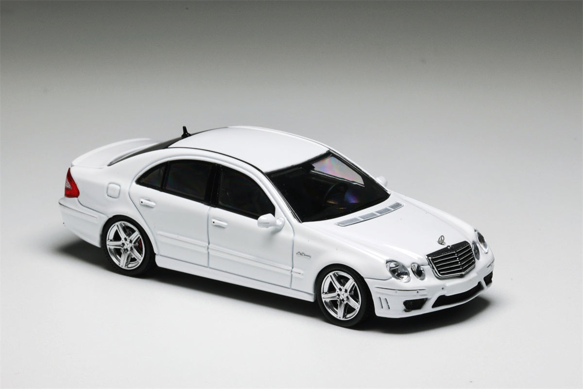 White Mercedes-Benz E63 AMG W211 diecast model car by Lot57Supplies, detailed miniature replica, 1:64 scale.