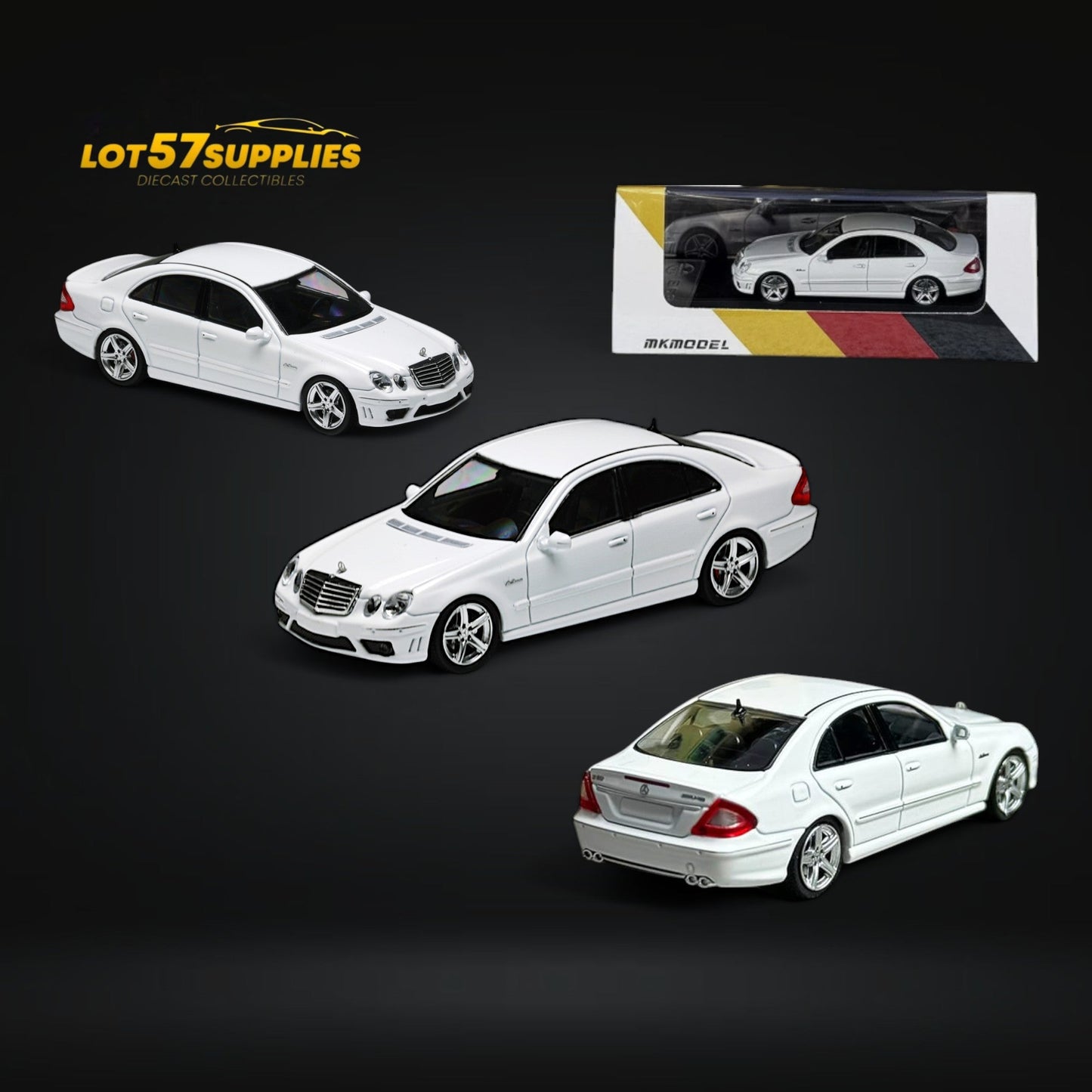 White 1:64 scale Mercedes-Benz E63 AMG W211 diecast model by Lot57Supplies Diecast Shop, detailed miniature car replica.