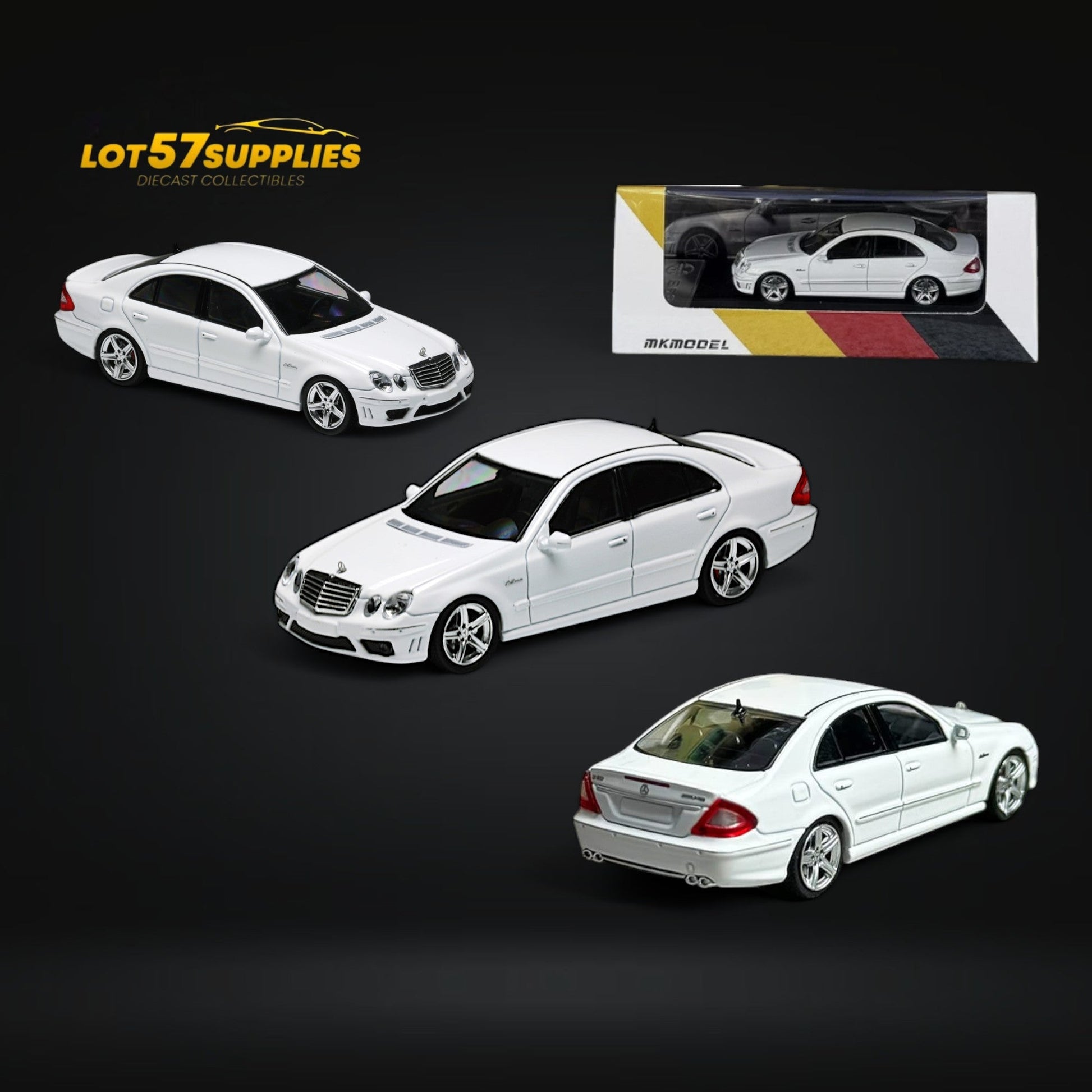 White 1:64 scale Mercedes-Benz E63 AMG W211 diecast model by Lot57Supplies Diecast Shop, detailed miniature car replica.