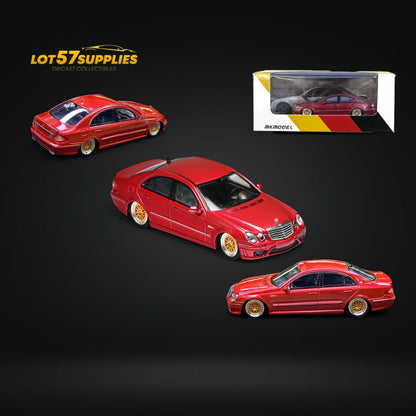 Red Mercedes-Benz E63 AMG W211 diecast model by Lot57Supplies, showing detailed lowered design in 1:64 scale.