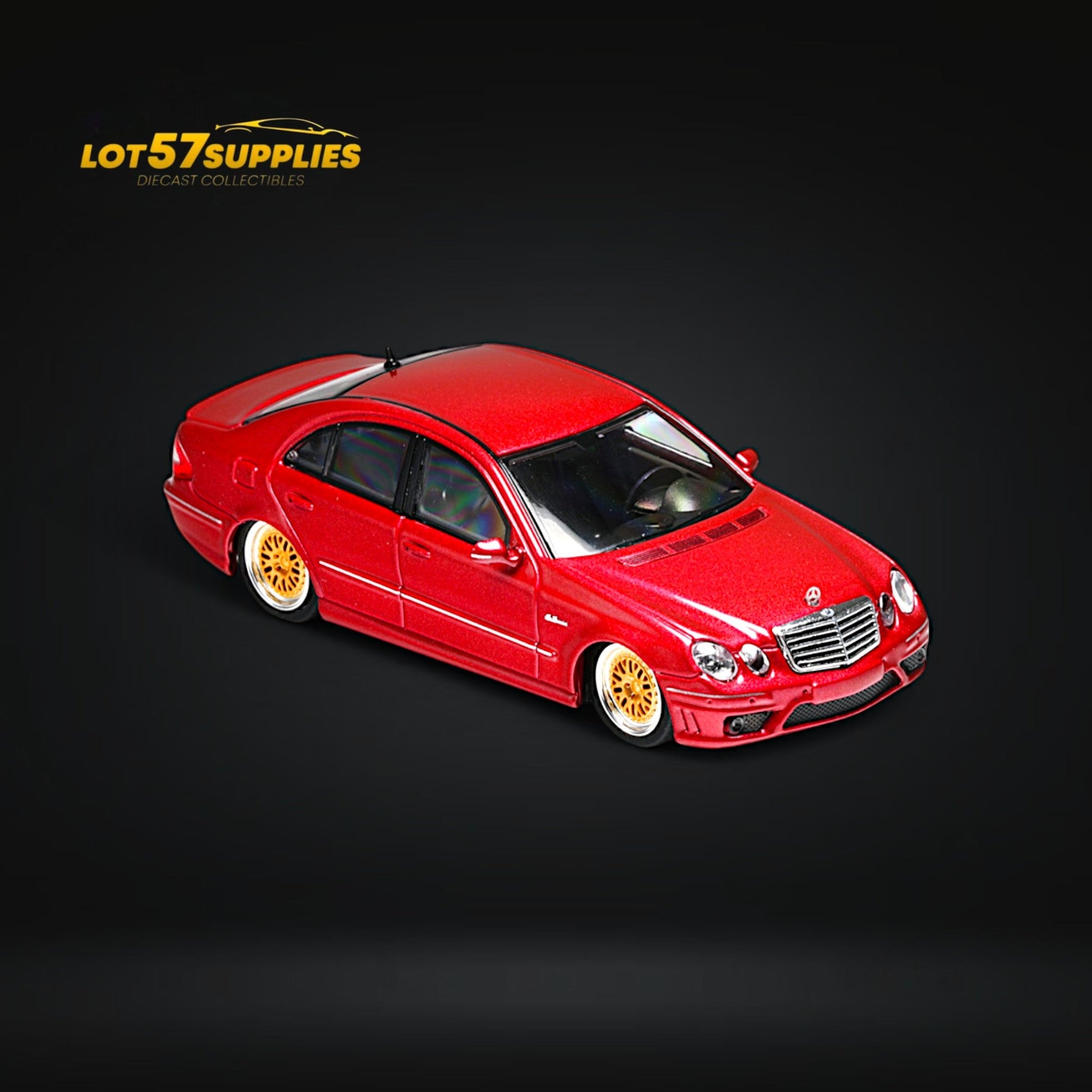 Red Mercedes-Benz E63 AMG W211 diecast model car, lowered design, 1:64 scale from Lot57Supplies Diecast Shop.