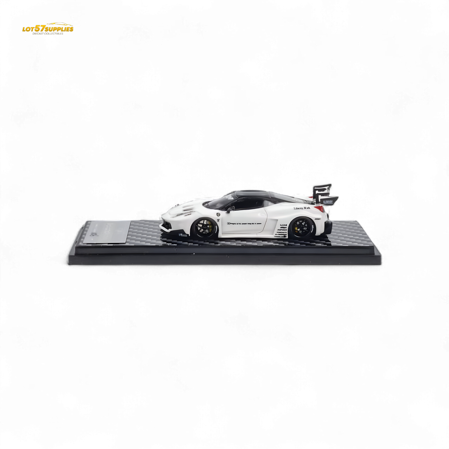 White Ferrari 458 LBWK GT diecast model by Lot57Supplies, detailed 1:64 scale car with realistic features.