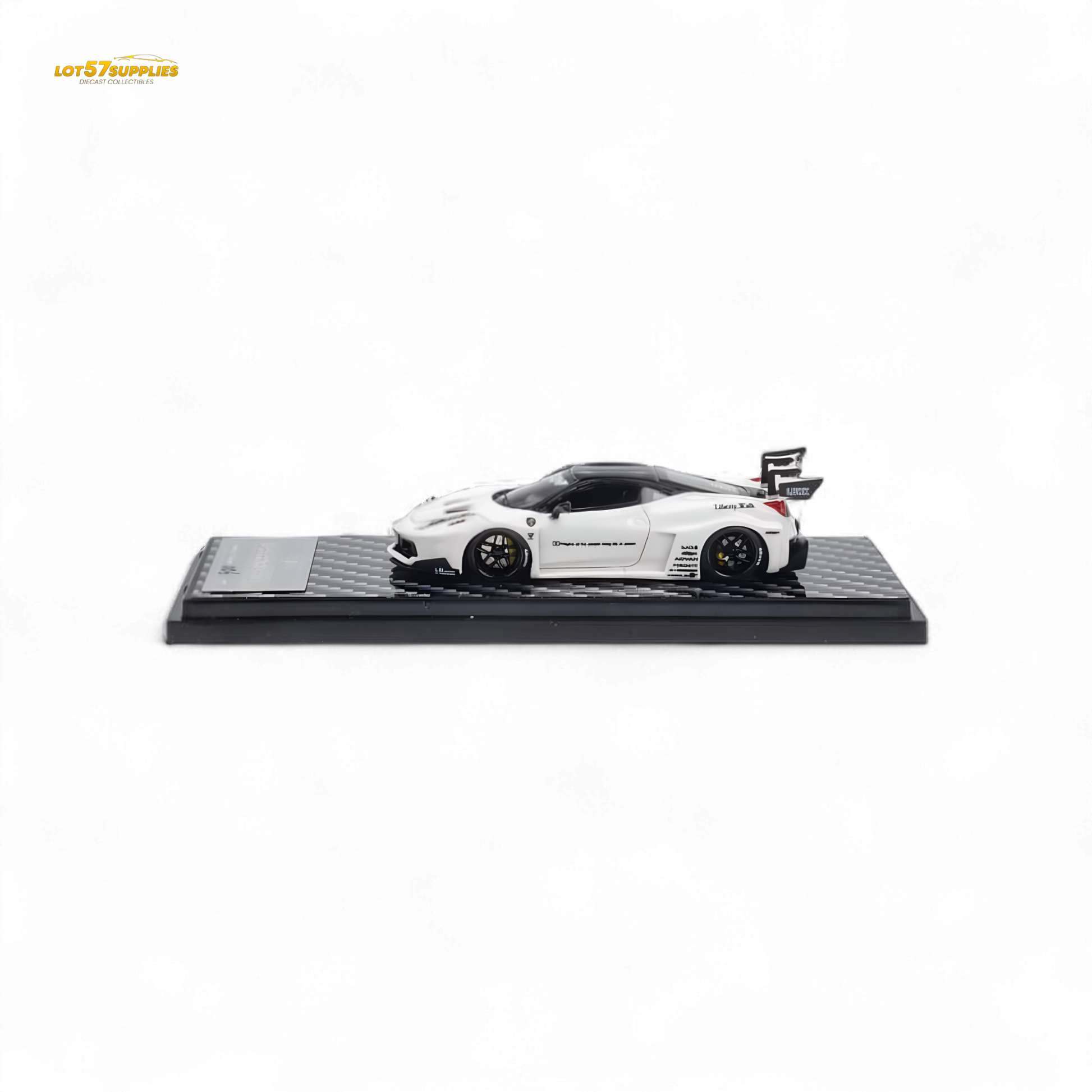 White Ferrari 458 LBWK GT diecast model by Lot57Supplies, detailed 1:64 scale car with realistic features.