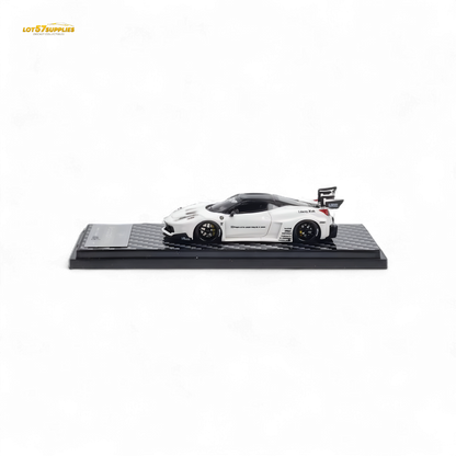 White Ferrari 458 LBWK GT diecast model by Lot57Supplies, detailed 1:64 scale car with realistic features.
