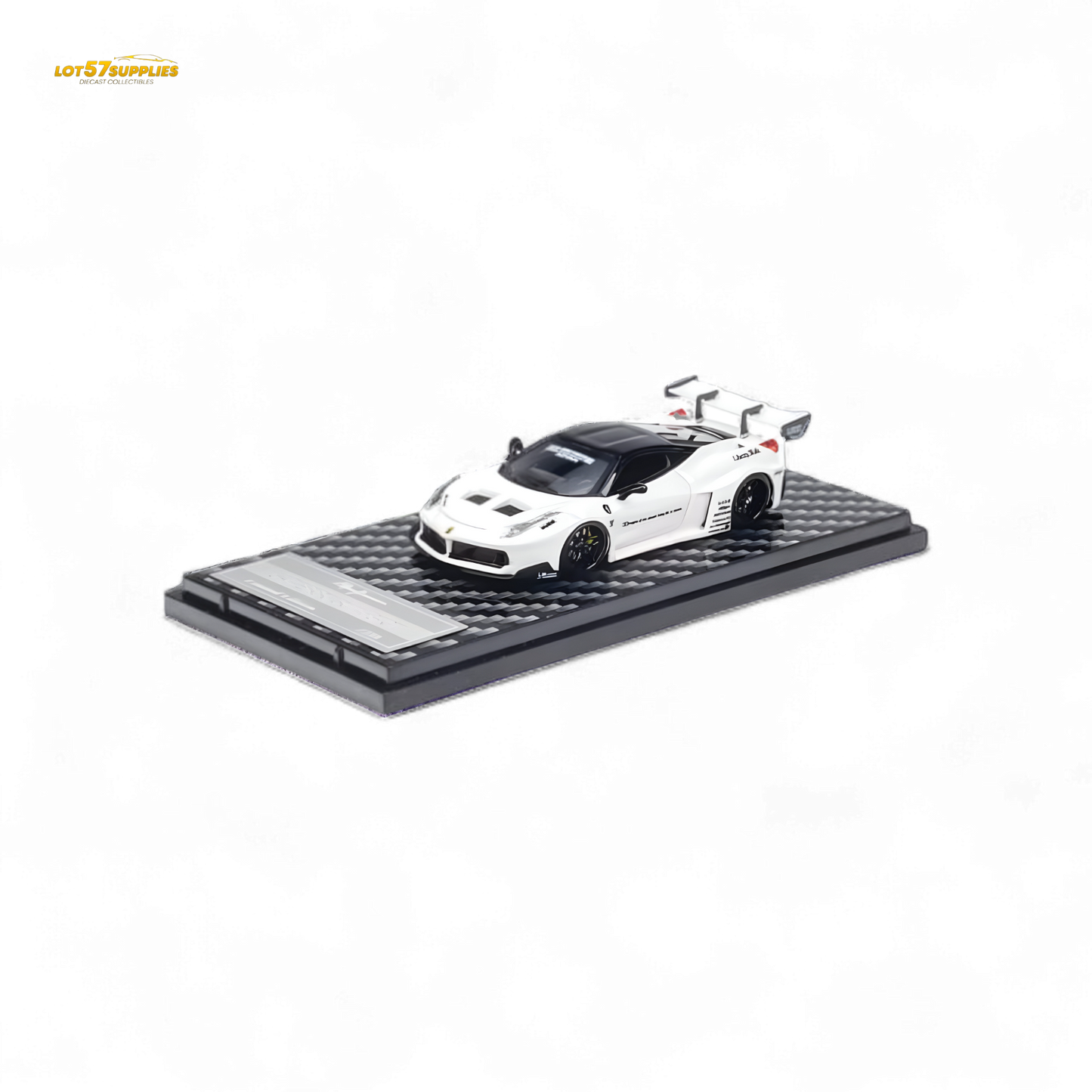 White Ferrari 458 LBWK GT diecast model in 1:64 scale from QIDIAN, featuring detailed design and precise craftsmanship.