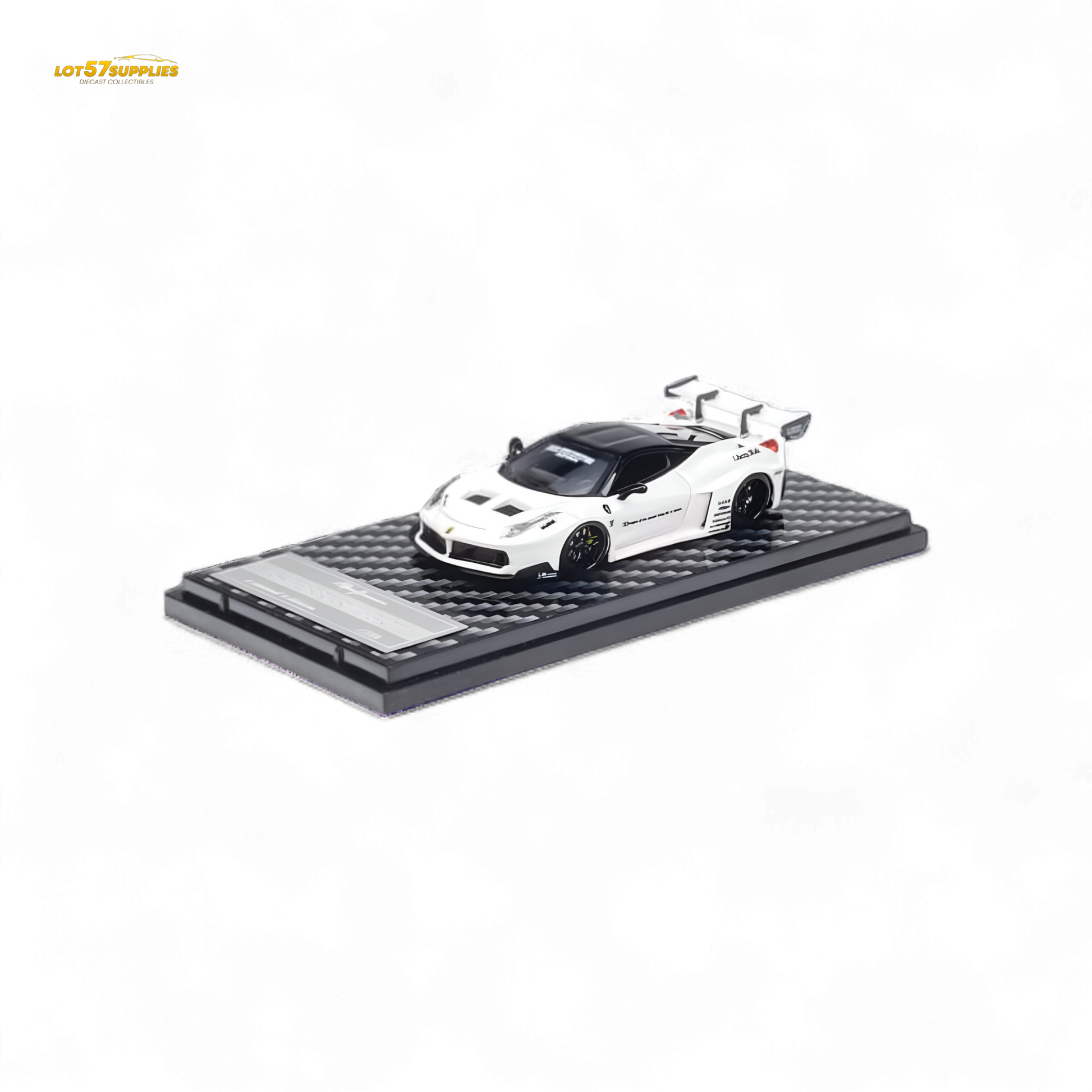 White Ferrari 458 LBWK GT diecast model in 1:64 scale from QIDIAN, featuring detailed design and precise craftsmanship.