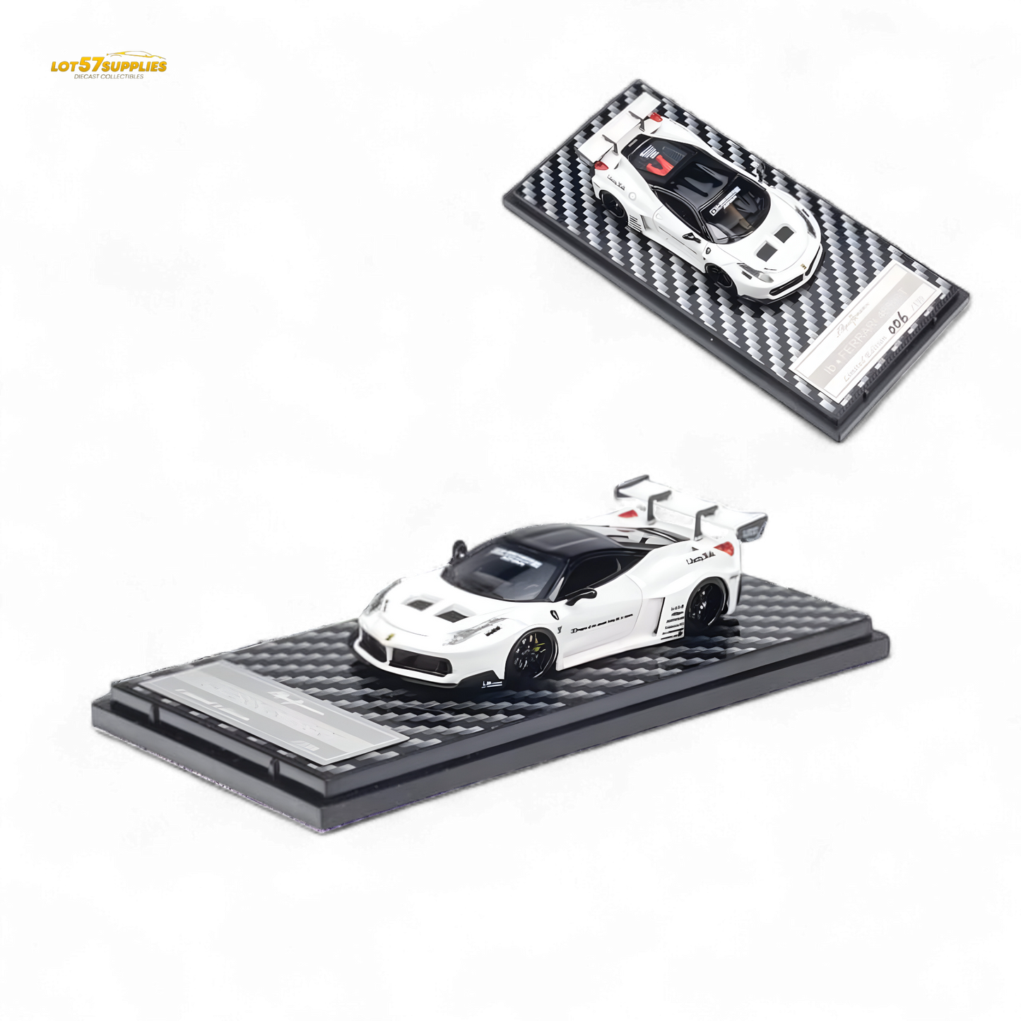 White Ferrari 458 LBWK GT diecast model in 1:64 scale from Lot57Supplies Diecast Shop, detailed miniature car.