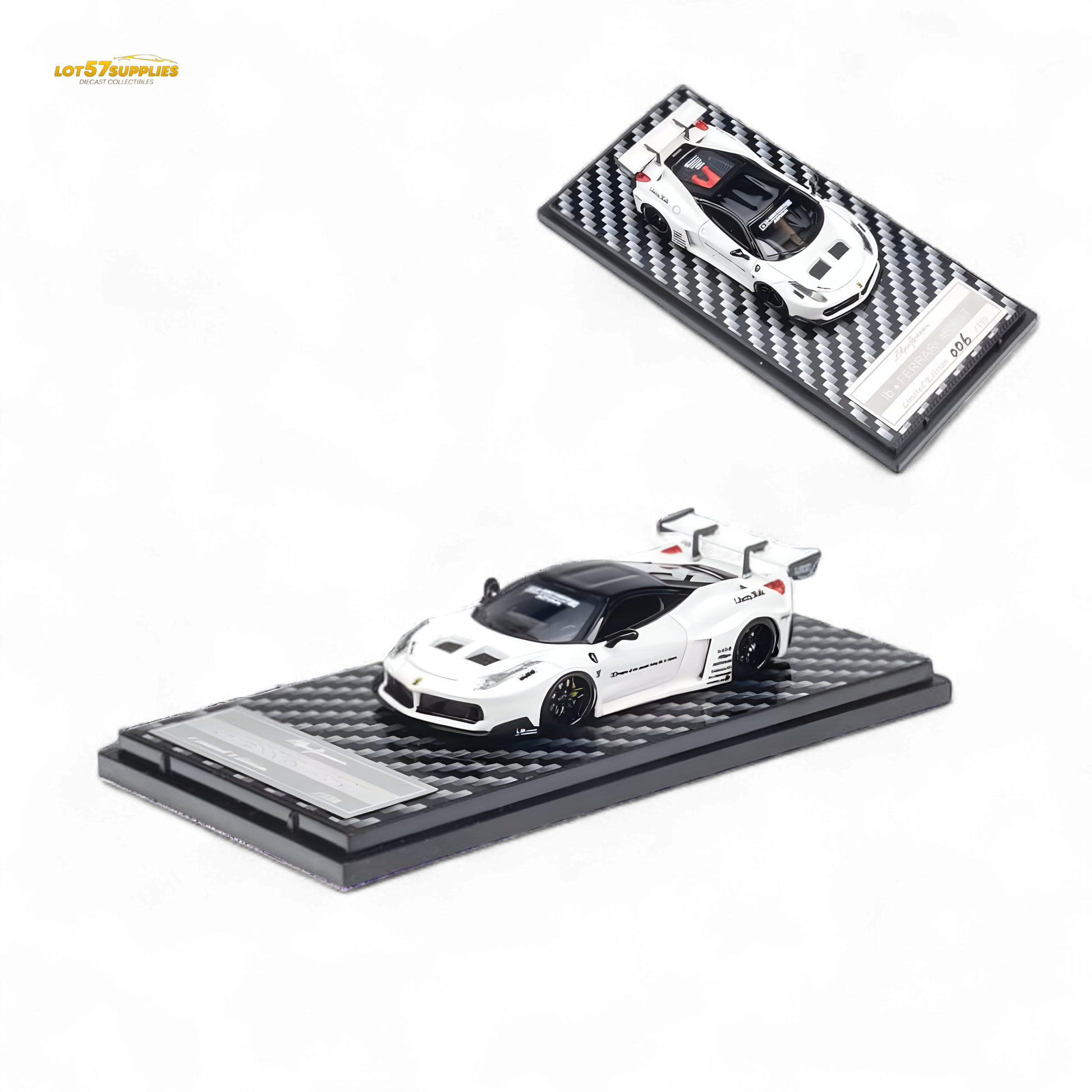 White Ferrari 458 LBWK GT diecast model in 1:64 scale from Lot57Supplies Diecast Shop, detailed miniature car.