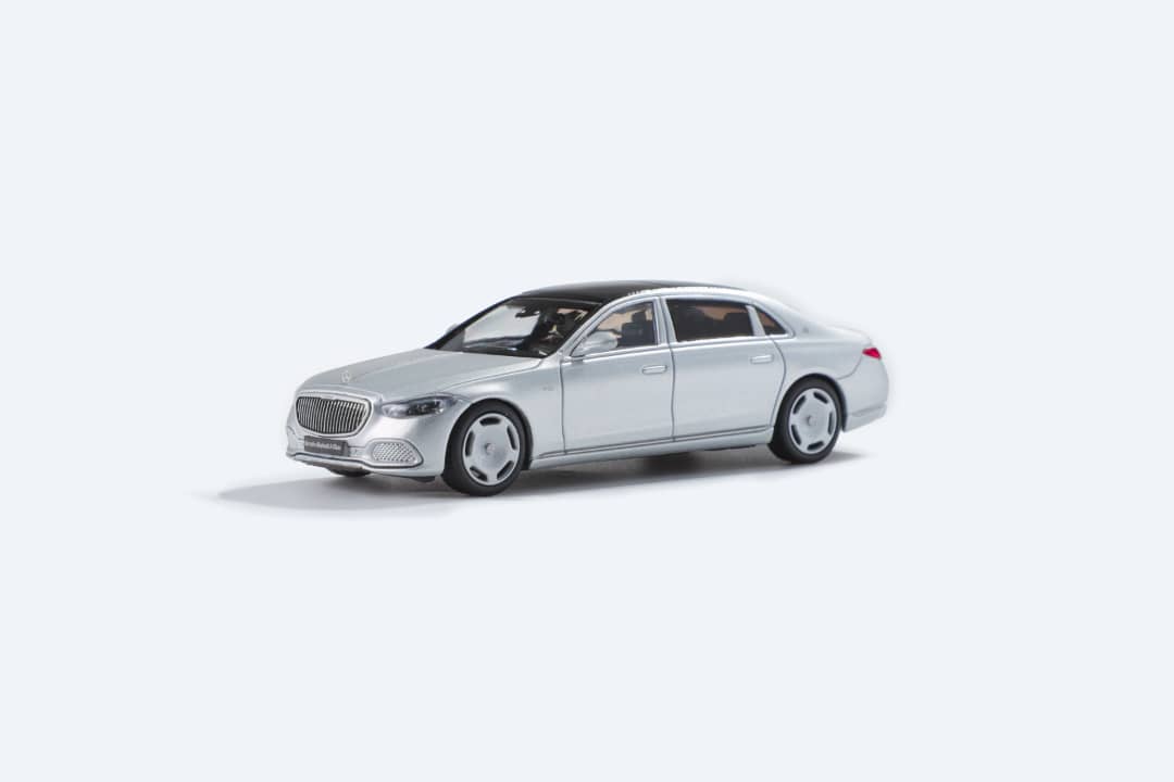 Matte silver 1:64 scale Mercedes-Benz Maybach W223 diecast model by Lot57Supplies Diecast Shop.