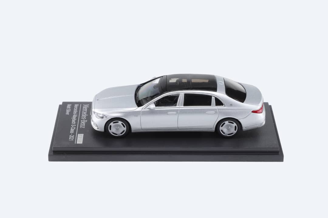 Matte silver 1:64 scale Mercedes-Benz Maybach W223 diecast model from AR BOX 2021 by Lot57Supplies Diecast Shop, detailed vehicle image.