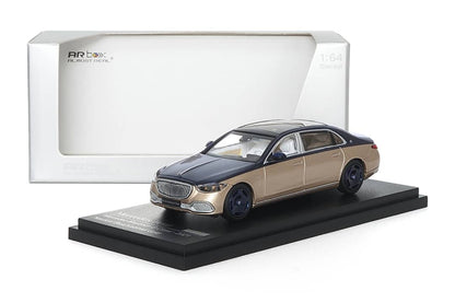 Blue and gold 1:64 scale Mercedes-Benz Maybach W223 diecast model from AR BOX 2021, detailed Mercedes-Benz replica.