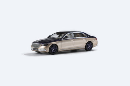 Blue-gold 1:64 Mercedes-Benz Maybach W223 diecast model by Lot57Supplies, detailed interior and exterior, collectible car replica