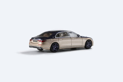 Blue and gold 1:64 Mercedes-Benz Maybach W223 diecast model by Lot57Supplies, detailed Mercedes-Benz AR BOX 2021 collectible.