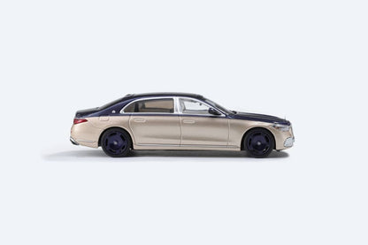 Blue-gold 1:64 Mercedes-Benz Maybach W223 diecast model from AR BOX 2021, detailed Mercedes-Benz replica in blue and gold colors