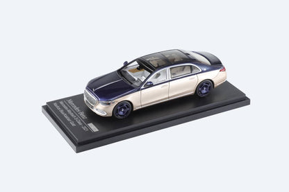 Blue-gold 1:64 Mercedes-Benz Maybach W223 diecast model from AR Box 2021, showcasing detailed exterior design.