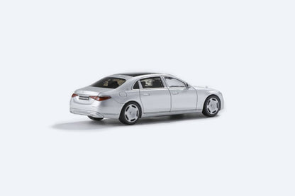 Matte silver 1:64 scale Mercedes-Benz Maybach W223 diecast model by Lot57Supplies Diecast Shop displayed on a white background