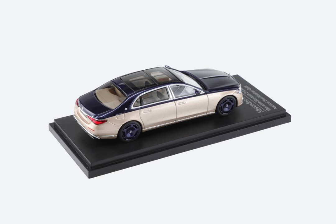 Blue-gold Mercedes-Benz Maybach W223 1:64 diecast model from AR BOX 2021, detailed replica with intricate features.