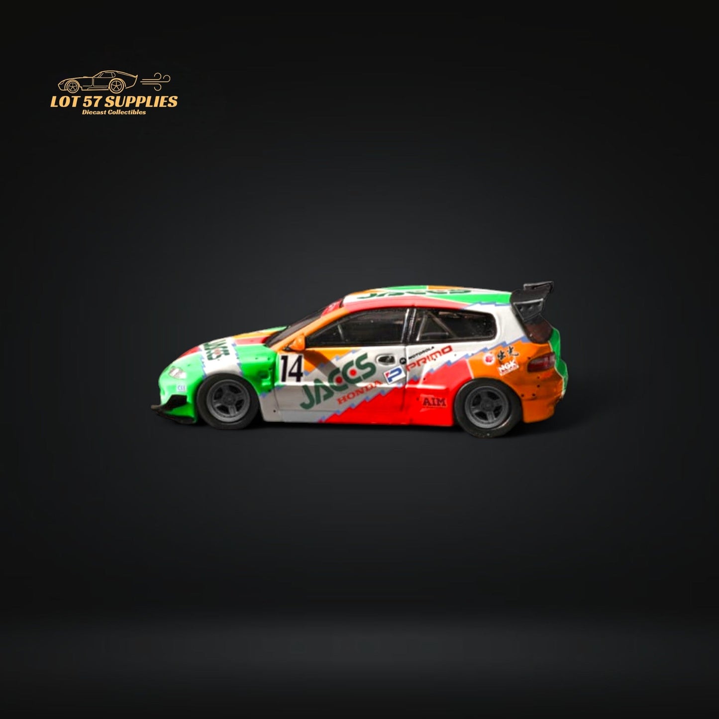 Diecast 1:64 Honda Civic EG6 model in Fuji Honda Rocket Bunny JACCS #14 livery, detailed miniature car by Lot57Supplies Diecast Shop