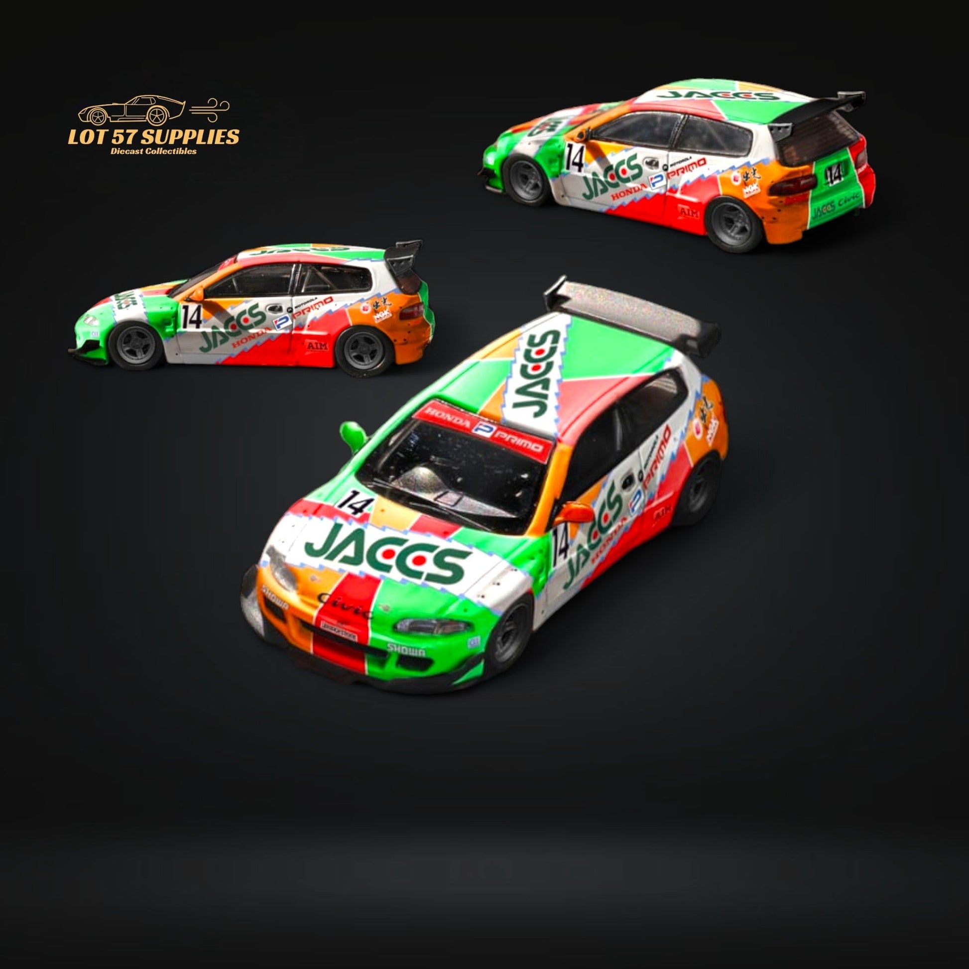 Diecast 1:64 Honda Civic EG6 with Fuji Honda Rocket Bunny JACCS #14 livery, detailed model in vibrant racing design.