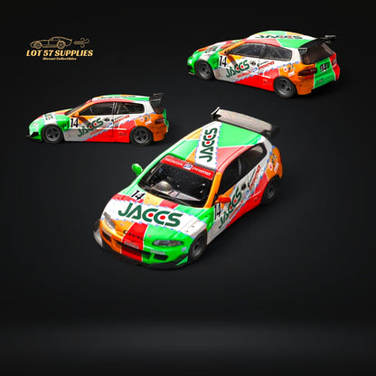 Diecast 1:64 Honda Civic EG6 with Fuji Honda Rocket Bunny JACCS #14 livery, detailed model in vibrant racing design.
