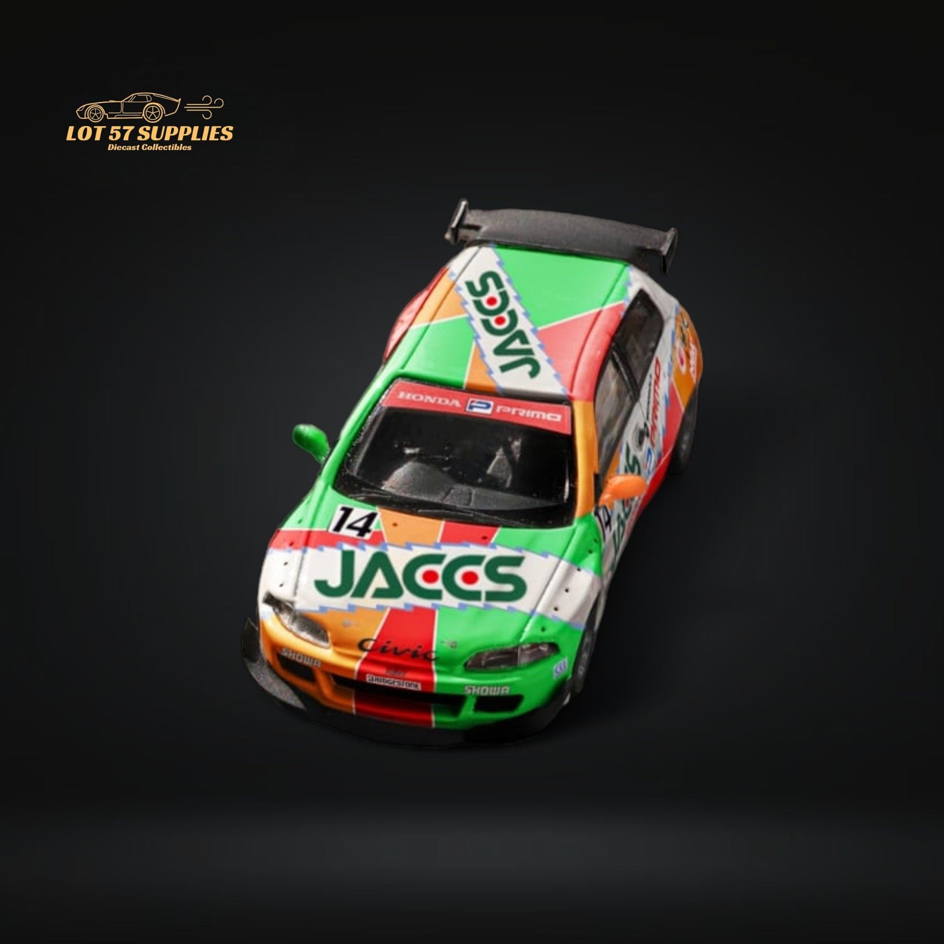 Diecast Honda Civic EG6 with Rocket Bunny JACCS #14 livery, 1:64 scale model by Lot57Supplies Diecast Shop, detailed car replica.